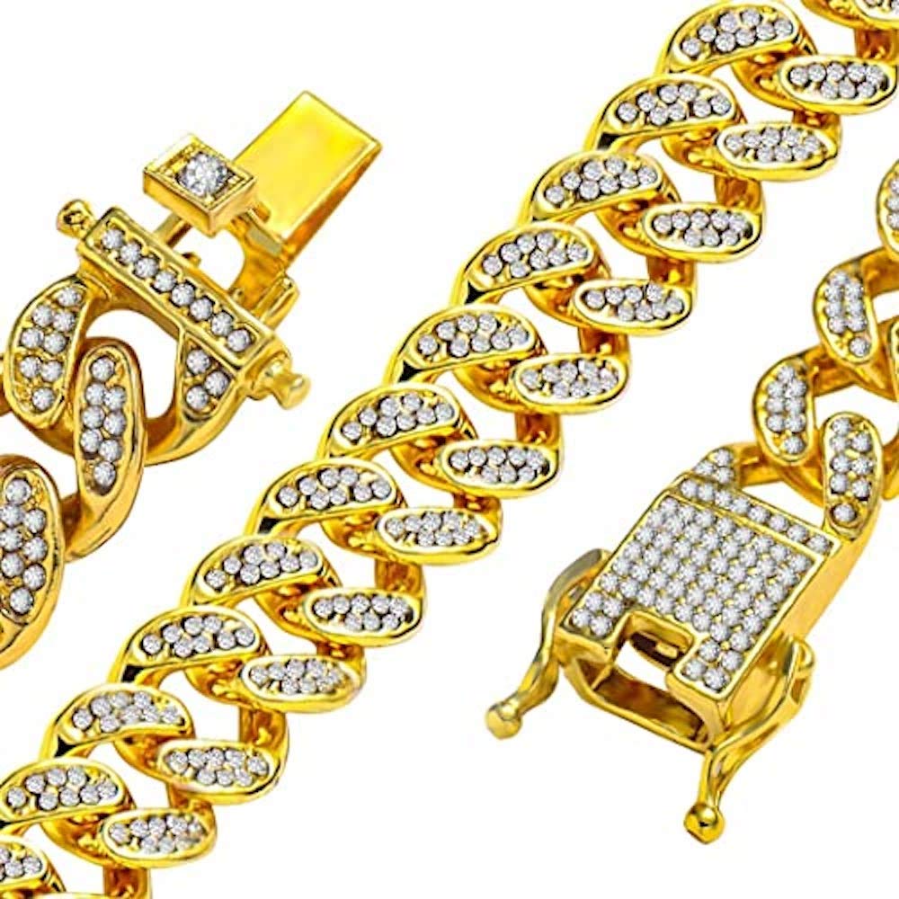 Gold 13mm Iced Box Clasp Miami Cuban Chain Necklace