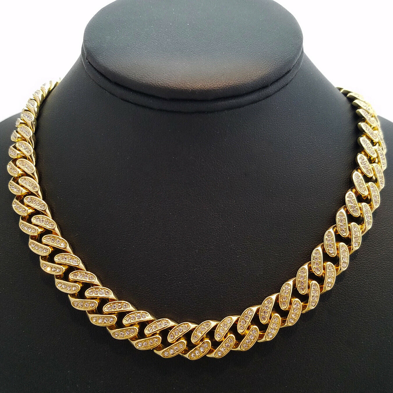 Gold 13mm Iced Box Clasp Miami Cuban Chain Necklace