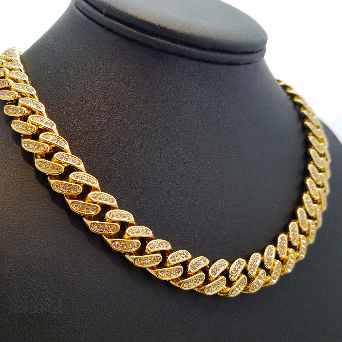 Gold 13mm Iced Box Clasp Miami Cuban Chain Necklace