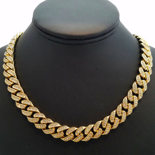 Gold 13mm Iced Box Clasp Miami Cuban Chain Necklace